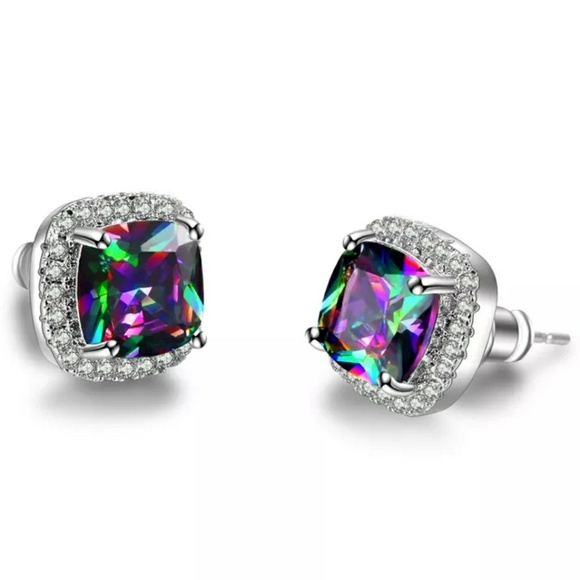 Rainbow Mystic Topaz Diamond Halo Stud Earrings - Picture 5 of 7